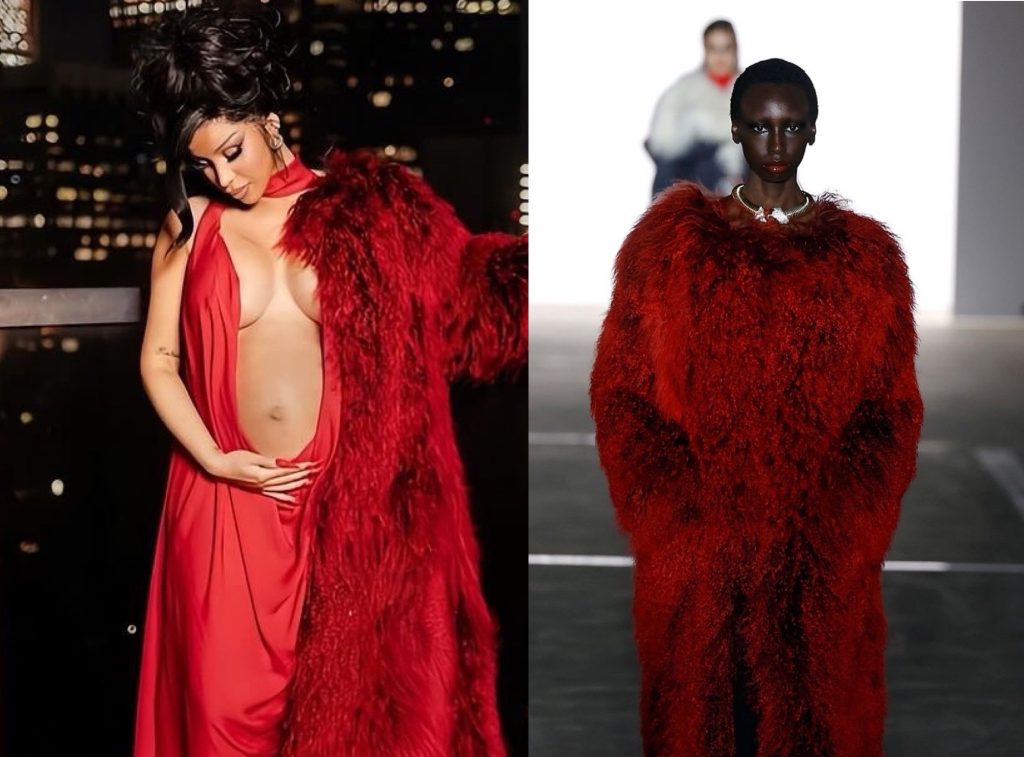 Cardi B Announces 3rd Pregnancy Wearing Red Fall 2024 Prabal Gurung Fur Coat and Gown! – Fashion Bomb Daily